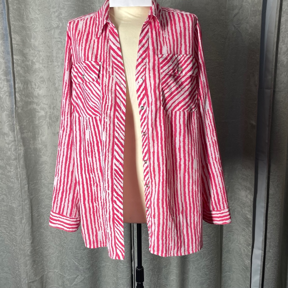 Women’s 1X Kim Rogers Pink/White Button Down Blouse Top
